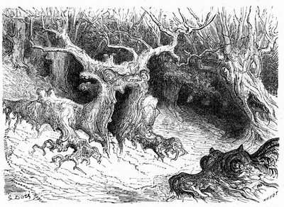Monstruös bok i Ossaudalen, antropomorfa monsterträd. Gravyr av Gustave Dore som illustrerar boken "Voyage aux Pyrenees d