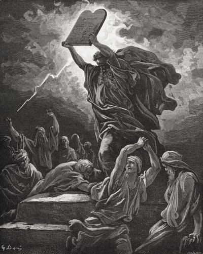 Moses Breaking the Tablets of the Law, 2. Mosebog 32:19, illustration fra Dores 