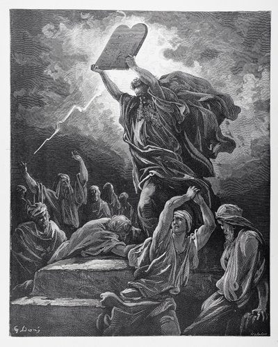 Moses bryter mot lagens tavlor, graverad av Hotelin, c.1868 av Gustave Dore