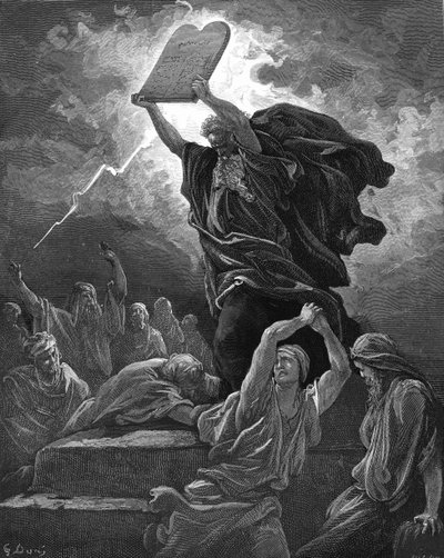 Mose bryter lagens tavlor, graverar. - Bibeln av Gustave Dore