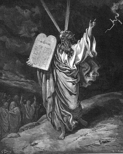 Moses stiger ned från berget Sinai med lagens tavlor, de tio budorden, 1866 av Gustave Dore