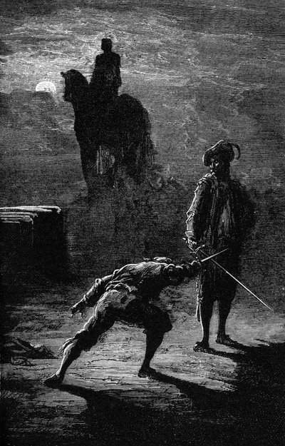 Nattduell i månskenet mellan Baron de Sigognac och Jacquemin Lampourde, under ryttarstatyn av Bronskungen. Gravyr av Gustave Dore som illustrerar Theophile Gautiers roman "Kapten Fracasse". Charpentier Edition 1863. av Gustave Dore