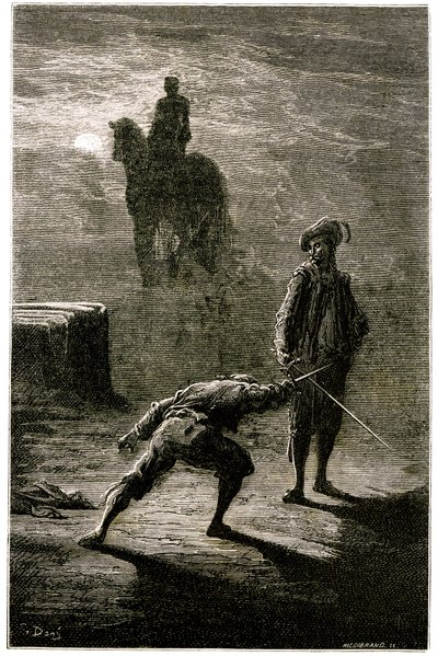 Nattduell i månskenet mellan Baron de Sigognac och Jacquemin Lampourde, under ryttarstatyn av kungen av brons. Gravyr av Gustave Dore som illustrerar Theophile Gautiers roman "Le capitaine Fracasse", edition Charpentier 1863. av Gustave Dore