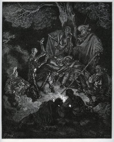 Nattljus där Don Quijote berättar historien om världen för getterna och en Sancho Panza - från "Don Quixote de la Mancha" av Miguel Cervantes (1547-1616) (Don Quijote) - Träsnitt efter teckning av Gustave Dore av Gustave Dore