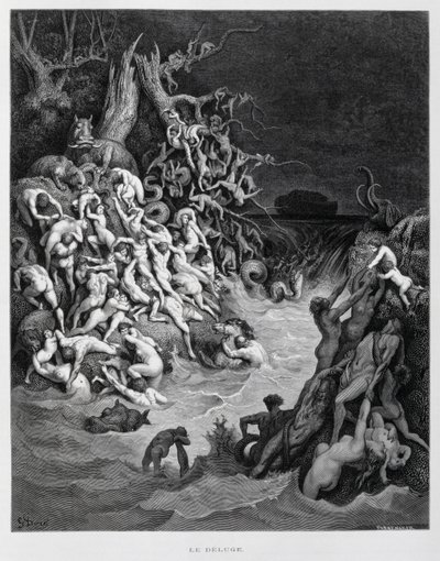 Noa och hans ark flyr när den stora översvämningen omsluter jorden, Illustration från Dore-bibeln av Gustave Dore
