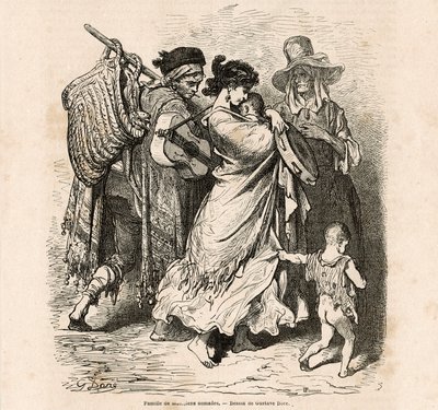 Nomadfamilj av musiker (gravyr) av Gustave Dore