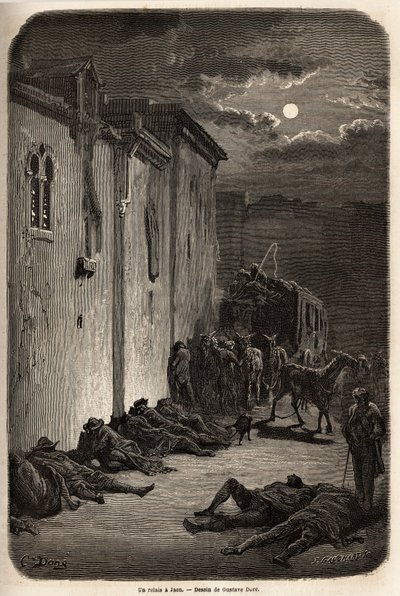 En natt i en stafett i Jaen. Teckning av Gustave Dore (1832-1883), för att illustrera hans resa till Spanien 1862, med Ch. Davillier. Gravyr i "" Le tour du monde"", redigerad av Edouard Charton av Gustave Dore