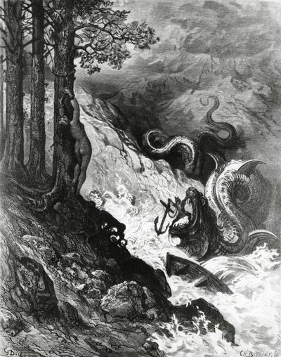 Orlando kämpar mot orken, från Orlandos frenesi, av Paul Gustave Dore, illustration av Gustave Dore