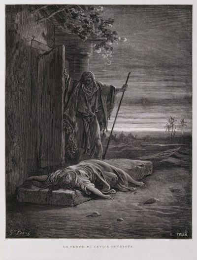 Upprördhet i Gibeah, leviten bär bort sin döda konkubin, Illustration från Dore-bibeln av Gustave Dore