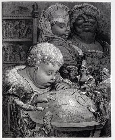 Pantagruel följer en kurs i geografi - i "" Gargantua"" av Rabelais, ill. Gustave Dore av Gustave Dore