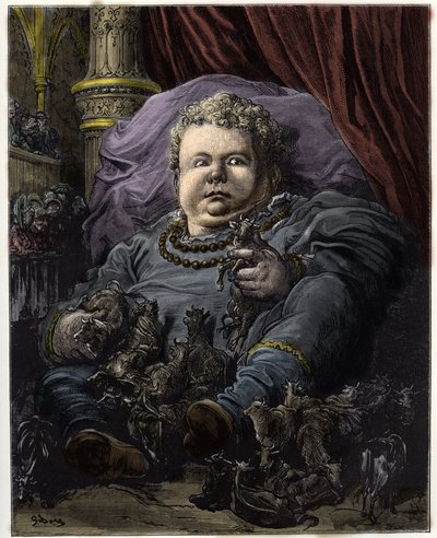 Pantagruel, son till Gargantua, matas på mjölk från 4600 kor - Pantagruel, son till Gargantua, får näring av mjölk från 4600 kor - illustration från 
