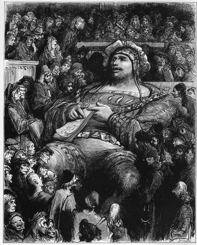 Pantagruel testar sin själ mot de parisiska forskarna - illustration från "Gargantua och Pantagruel", av Francois Rabelais - gravyr av Gustave Dore (1832-1883) av Gustave Dore