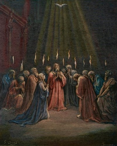 Pingst - Pingst (den Helige Andes ankomst) - Pingst, den Helige Andes nedstigning, gravyr av Gustave Dore (1832-1883) - senare färgläggning av Gustave Dore