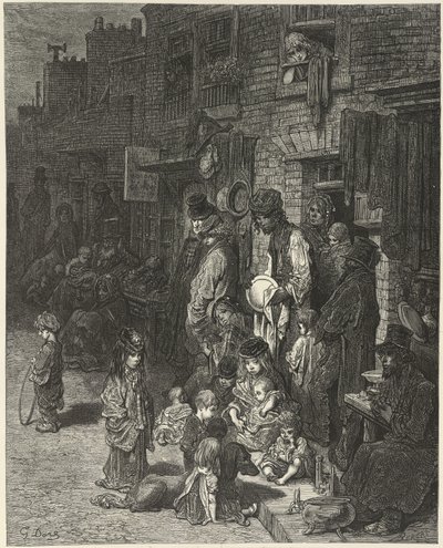 Människor som står och sitter utanför sina hus, på en gata, från "London: a pilgrimage", av William Blanchard Jerrold av Gustave Dore