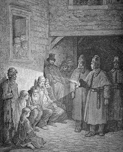 Poliser på patrull i Londons Rookery, graverade av Stephane Pannemaker (1847-1930) av Gustave Dore
