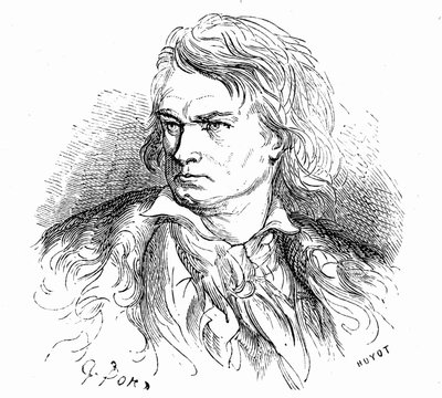 Porträtt av Beethoven av Gustave Dore, ca 1855, som illustration till en text av Hippolyte Taine: "-Vad är Beethoven "En fattig stor man, döv, förälskad, okänd och filosof, vars musik är full av gigantiska eller smärtsamma drömmar." av Gustave Dore
