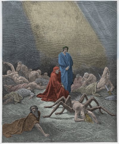 Purgatorio, Canto 12: Dante ser Arachnes själ, illustration från "Den gudomliga komedin" av Dante Alighieri, 1885 av Gustave Dore