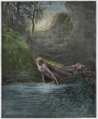 Purgatorio, Canto 31 : Dante nedsänkt i floden Lethe, illustration från "The Divine Comedy" av Dante Alighieri, 1885 av Gustave Dore