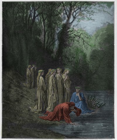 Purgatorio, Canto 33: Dante drinkar av floden Eunoe, illustration från "The Divine Comedy" av Dante Alighieri, 1885 av Gustave Dore