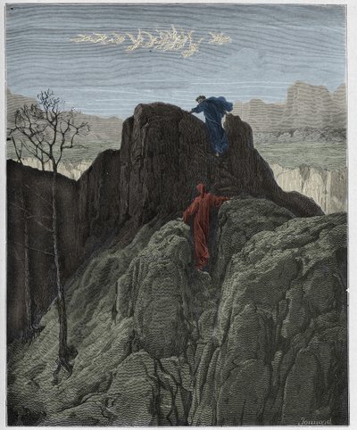Purgatorio, Canto 4 : Vergilius leder Dante uppför den karga bergssidan, illustration från "Den gudomliga komedin" av Dante Alighieri, 1885 av Gustave Dore