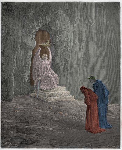 Purgatorio, Canto 9: Dante och Vergilius vid skärseldens portaler, illustration från "Den gudomliga komedin" av Dante Alighieri, 1885 av Gustave Dore
