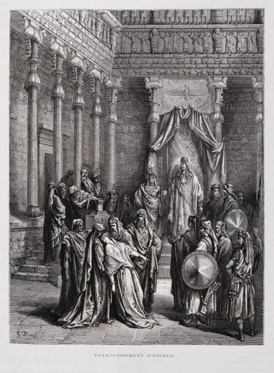 Drottning Ester svimmar inför kungen, illustration från Dore-bibeln av Gustave Dore