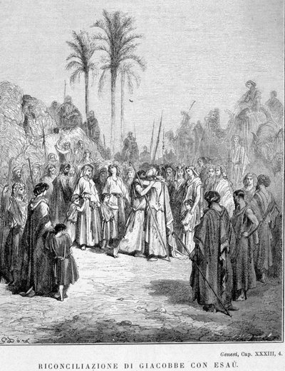 Jakobs och Esaus försoning. Genesis, XXXIII, 4. Illustration av Gustave Doré. av Gustave Dore