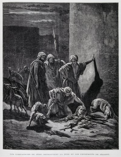 Rester av drottning Jezebel efter att hon kastats ut från palatsets fönster, illustration från Dore-bibeln av Gustave Dore
