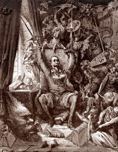 Representation av Don Quijote i hans bibliotek omgiven av varelserna i hans böcker Gravyr av Gustave Dore (1832-1883) för "L