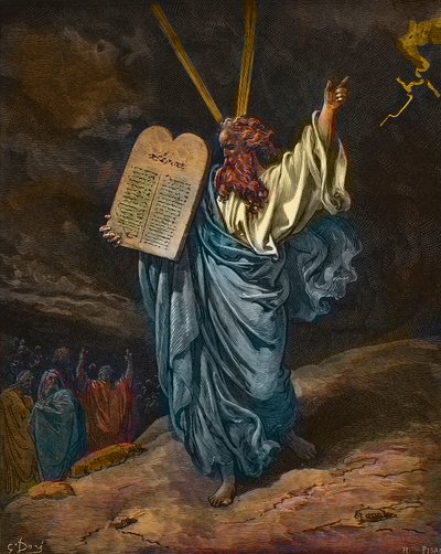 Representation av Moses med de nya lagtavlorna på Sinaiberget - gravyr av Gustave Dore (1832-1883) - senare färgläggning av Gustave Dore
