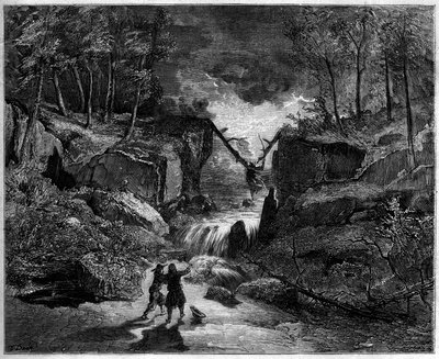 Representation av en opera: den galna graven i strömmen - Sista scenen, akt II av "Pardon de Ploermel", komisk opera från 1859 på ett libretto av Michel Carre (1819-1872) och Jules Barbier (1822-1901), och en musik av Giacomo Meyerbeer (1791-1864) - Teater av Gustave Dore