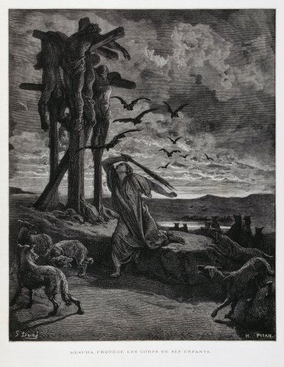 Rizpah hindrar vilda djur från att skända hennes döda söners kroppar, Illustration från Dore-bibeln av Gustave Dore