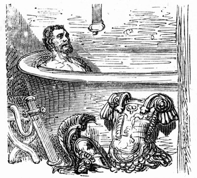 Romersk soldat badar vid de termiska baden i Bagneres de Bigorre: gravyr av Gustave Dore som illustrerar boken "Voyage aux Pyrenees" av Hippolyte Taine, Hachette 1860. av Gustave Dore