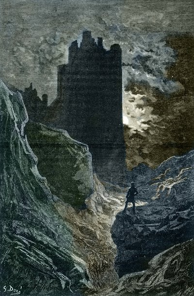 Romantik: "" The Castle of Fear"" Illustration av Gustave Dore (1832-1883) (Rädslans slott, romantik, illustration av Gustave Dore) Privat samling av Gustave Dore