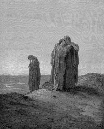 Ruth omfamnar sin svärmor Naomi och lovar att stanna hos henne nu de är sörjande, 1866 av Gustave Dore