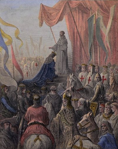 Saint Bernard de Clairvaux (San Bernardo di Chiaravalle, Bernard de Fontaine 1090-1153) predikar det andra korståget i närvaro av kung Ludvig VII och drottning Alienor av Aquitaine och Abbe Suger (Suger de Saint Denis av Gustave Dore