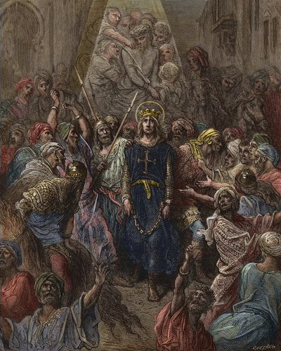 Saint Louis tillfångatagen i Mansoura, under det 7:e korståget 1250 - kung Ludvig IX (1214-70) fånge i Egypten - gravyr av Gustave Dore - från History of the Crusades av Joseph-Francois Michaud av Gustave Dore