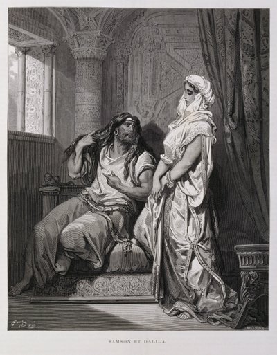 Simson och Delila, kapitel 16, i Domarboken, i Gamla testamentet, illustration från Dore-bibeln av Gustave Dore