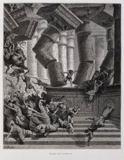 Simson förstör Baals tempel, illustration från Dore-bibeln av Gustave Dore