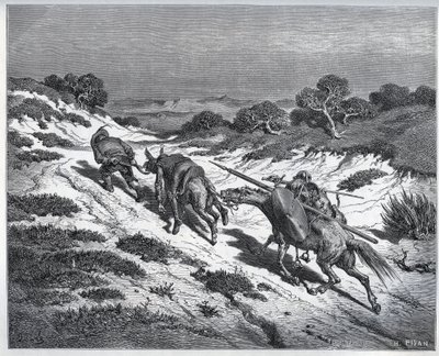 Sancho Panza, Don Quijote och deras besättningar efter deras nederlag mot Yangers - från "" Don Quixote de la Mancha"" av Miguel Cervantes (1547-1616) (Don Quijote) - Träsnitt efter teckning av Gustave Dore av Gustave Dore