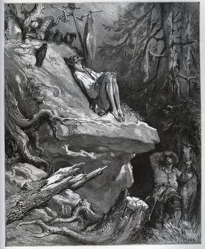 Sancho Panza hittar sin herre, alltid i ånger - från "" Don Quixote de la Mancha"" av Miguel Cervantes (1547-1616) (Don Quijote) - Träsnitt efter teckning av Gustave Dore av Gustave Dore