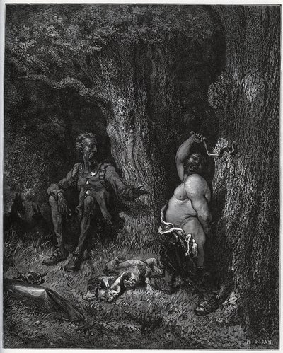 Sancho Panza flyger framför Don Quijote för att uppfylla Merlins önskan och därmed avförtrolla Dulcinee från Toboso. Don Quijote uppmanar honom att dämpa sin glöd - från "Don Quixote de la Mancha" av Miguel Cervantes (1547-1616) (Don Quijote) - Träsnitt av Gustave Dore