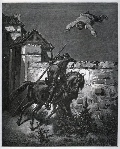 Sancho Panza blir lurad, och Don Quijote kan inte ingripa - från "" Don Quixote de la Mancha"" av Miguel Cervantes (1547-1616) (Don Quijote) - Träsnitt efter teckning av Gustave Dore av Gustave Dore