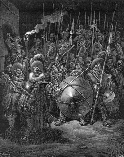 Sancho och riddarna, ur "Don Quijote de la Mancha" av Miguel Cervantes, graverad av Heliodore Joseph Pisan, ca 1875 av Gustave Dore