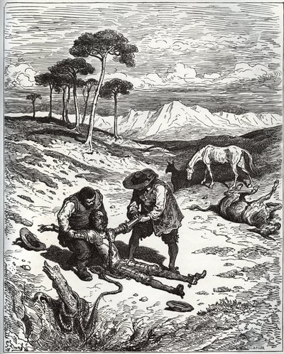 Sancho och kusinen drar Don Quijote (sovande) ut ur Montesinos grotta - från "" Don Quixote de la Mancha"" av Miguel Cervantes (1547-1616) (Don Quijote) - Träsnitt efter teckning av Gustave Dore av Gustave Dore