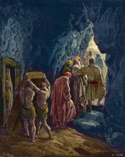 Sarahs död är 127 år gammal - Begravningen av Abrahams fru, Sarah - - gravyr av Gustave Dore - senare färgläggning av Gustave Dore
