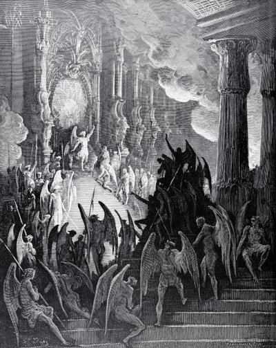 Satan i rådet, från bok I av "Paradise Lost" av John Milton (1608-74) graverad av stephane Pannemaker (1847-1930) c.1868 av Gustave Dore