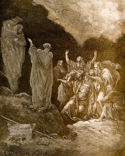 Saul och mediet/häxan från Endor, av Doré. - Bibeln av Gustave Dore