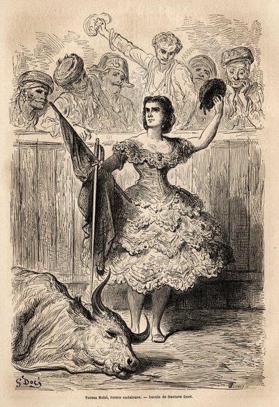 Scen för tjurfäktning: Teresa Bolsis triumf, andalusisk torrera, som hälsar församlingen som hyllar honom i Sevilla. Skiss tagen live av Gustave Dore (1832-1883). Gravyr för att illustrera resan i Spanien, 1862 av Charles Davillier och G av Gustave Dore