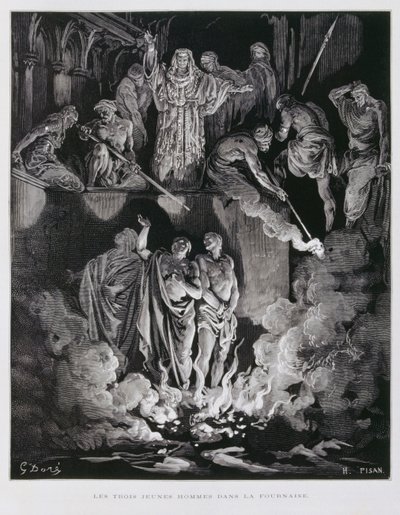 Shadrach, Meshach och Abednego i den brinnande ugnen, illustration från Dore-bibeln av Gustave Dore